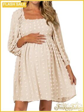 Women's Maternity Long Sleeve Square Neck Swiss Dot Mini Dress Loose Fit